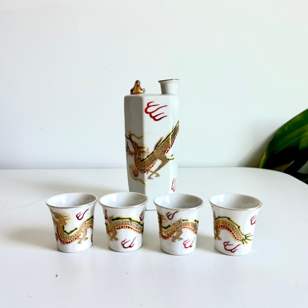 Vintage Japanese Porcelain Sake Set Hexagonal Dragon Decanter 4 Cups Gold Trim